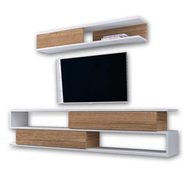 Hanah Home Mueble de TV Blanco y Teca con Estante de Pared Hanah Home Mueble de TV Blanco y Teca con Estante de Pared